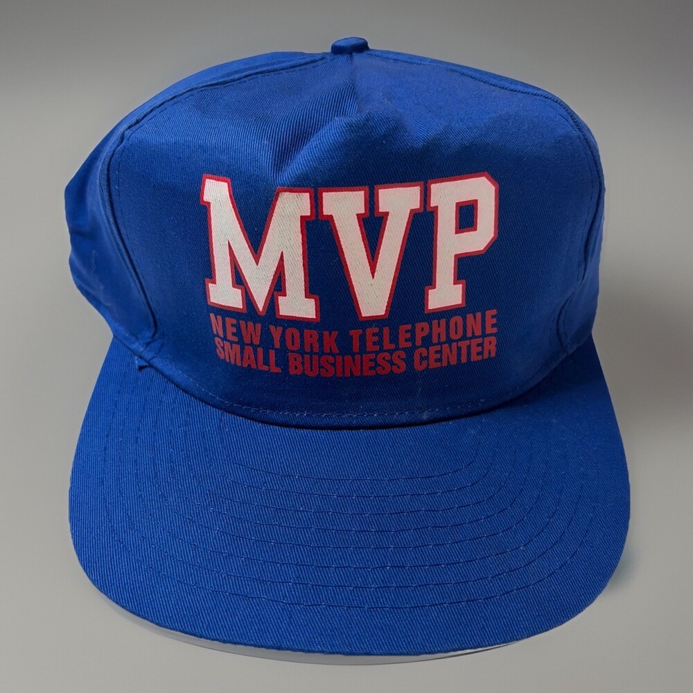 Vintage 80s MVP Cap Hat New York Telephone Small Business Center Blue Snapback
